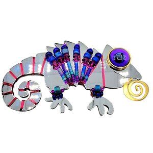 Liztech 1997 Chrome-Plated Colored Magnetic Wire & Beads Iguana Brooch, Signed